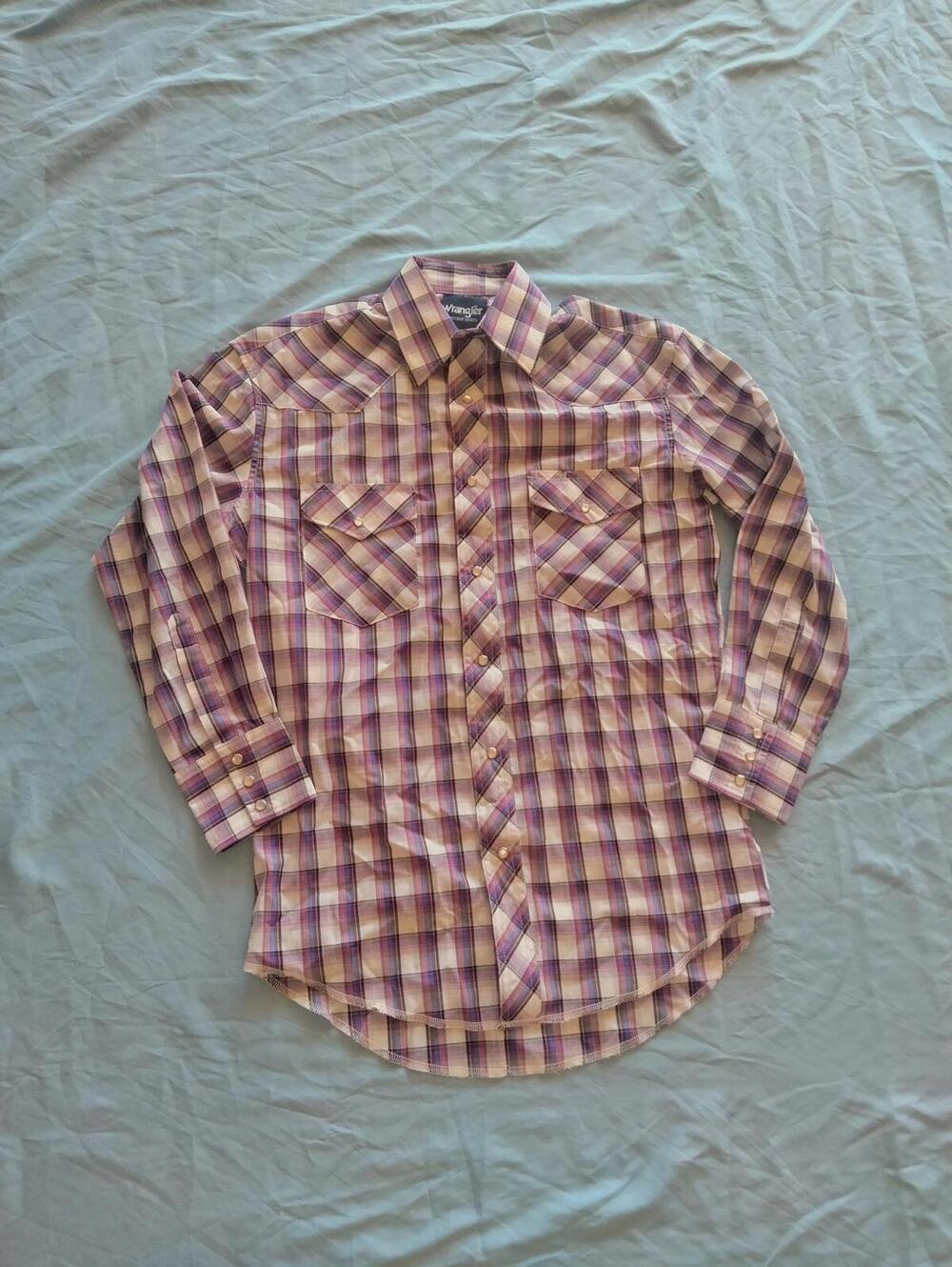 Wrangler Mens Dress Shirt Size 14 1/2 x 32 Blue Checkered Button Up Pearl Snap